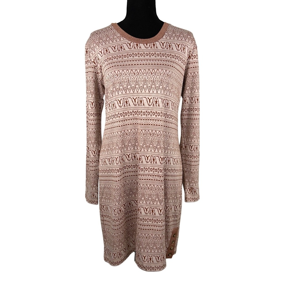 KAVU Womens Geometric Tribal Print Long Sleeve Knit Dress Clay Cream Size Medium